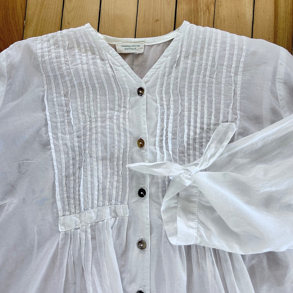 Veneta Steed Australia White Cotton Pintuck Pleated Tunic Blouse Tie Cuff XL - Picture 9 of 9
